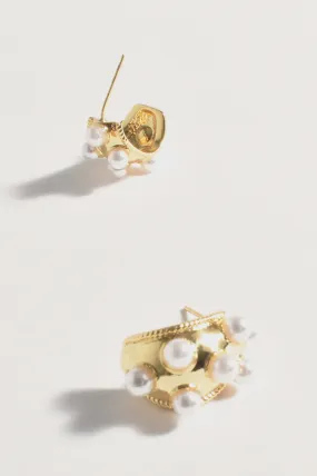 Mini Curved Faux Pearl Metal Hoops Cream/Gold